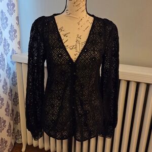 Sézane Rare Bloom Blouse, Black Openwork Lace, Romantic, Crochet, Sz 34 (XS)